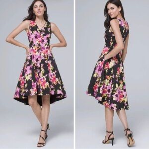 WHBM Floral Fit & Flare Hi Lo Sleeveless Dress, black and pink, size 6
